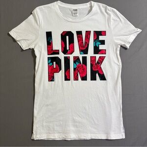 VICTORIAS SECRET PINK LOVE PINK TROPICAL FLORAL CREW TEE SHIRT Sz XS Please read